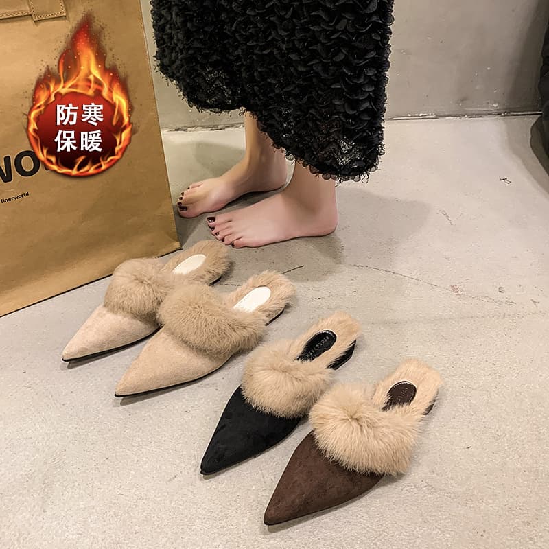 2024 Autumn/Winter New Pointed Thin Heel European and American Fashion High Heel Fine Hair High Heel Slippers Closed Toe Open Back Women's Shoes