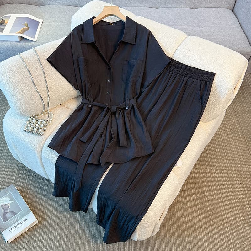65-175kg Plus-Size Women's Clothing for Fat Girls, New Summer Style Korean Style Lace-Up Waist-Cinching Short-Sleeved Shirt and Wide-Leg Pants Set