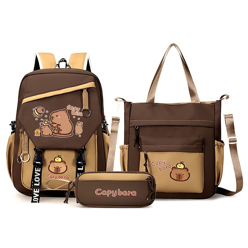 Kapibala large-capacity backpack, casual and versatile student school bag, cross-body bag, tutoring bag, pencil case three-piece set