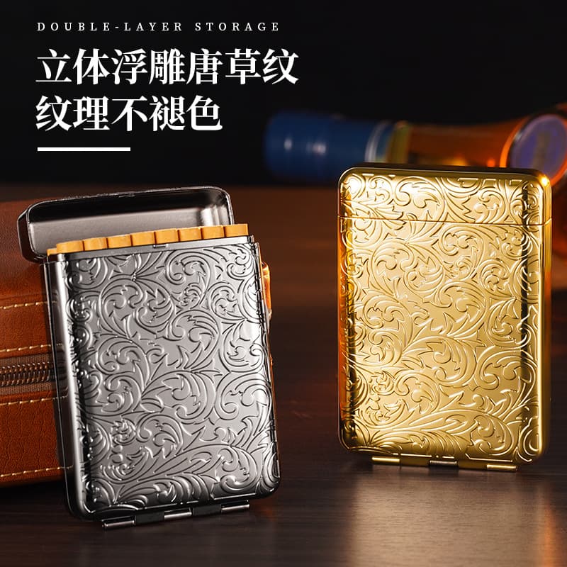 16-piece thick cigarette style 3-open cigarette case with Tang grass flower relief, alloy metal 3D carved thickened shell, wholesale