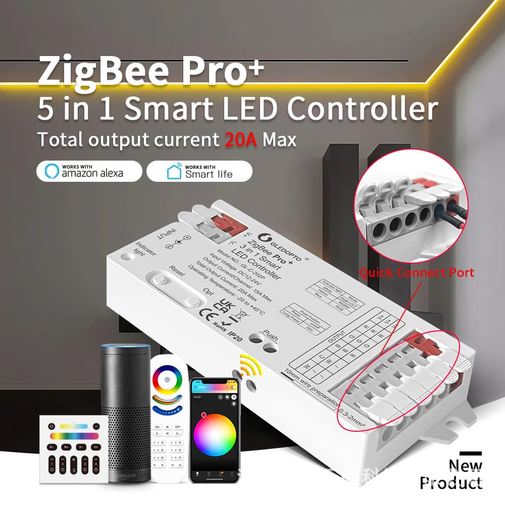 GLEDOPTO PRO+ 5-in-1 LED Strip Controller with Easy Wiring, Maximum 20A Current, Zigbee+2.4G