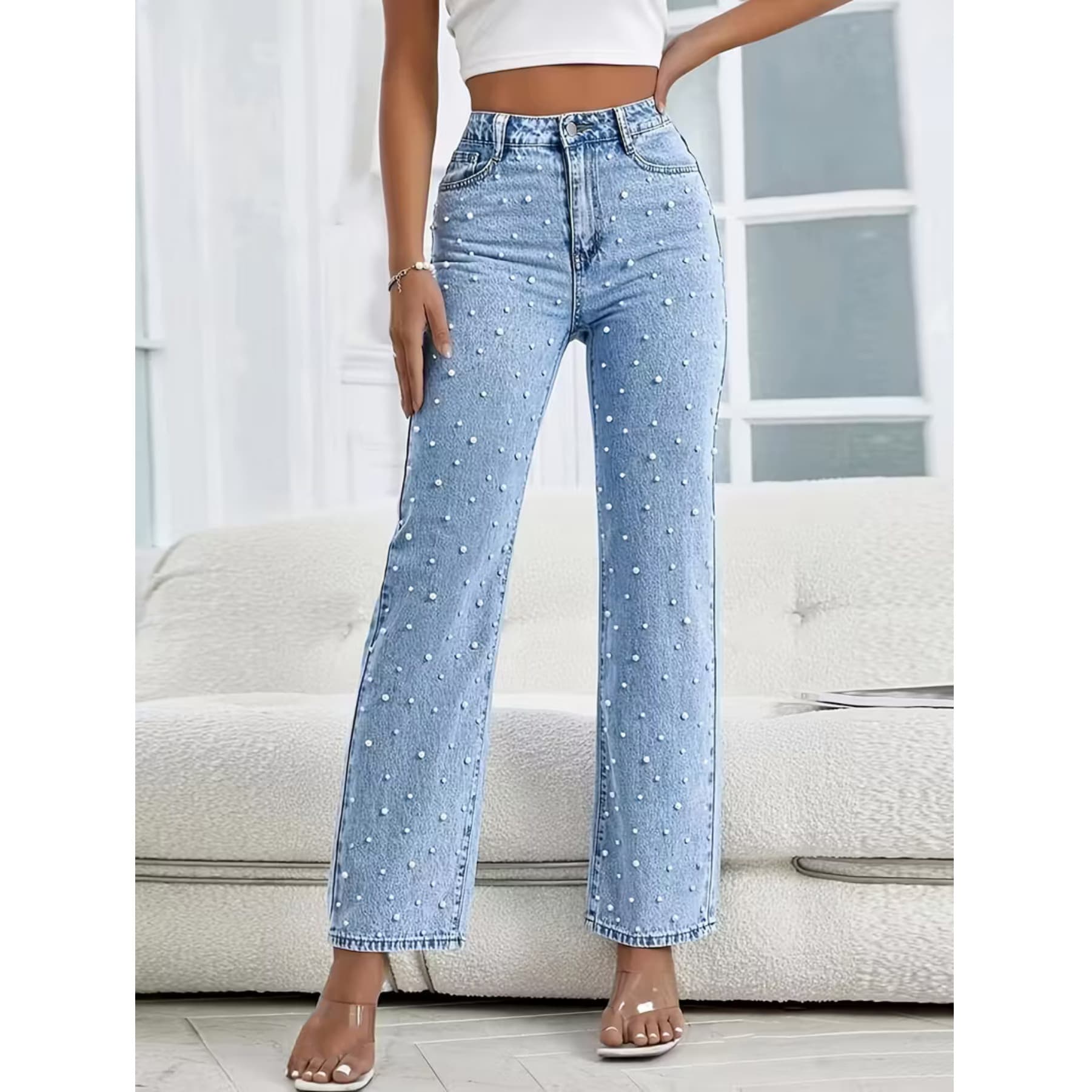 Pearl Detail Decorative Fashion Casual Straight-Leg Jeans, Stretchy Versatile Jeans, All-Season