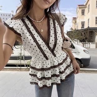 Export European American Soft Style Lace Top Polka Dot Contrast Coffee Lace V-Neck Flutter Sleeve Layered Ruffle Hem
