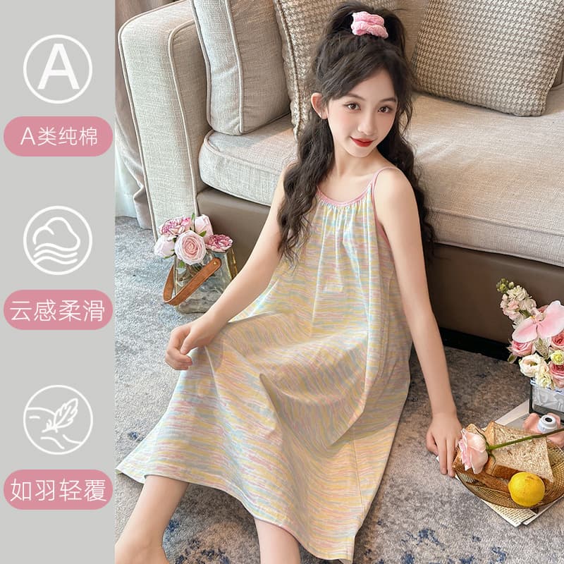 Girls Cotton Pajamas 2025 New Junior High School Girls Summer Dopamine Sleeping Dress Children's Sweet Air-conditioning Clothes