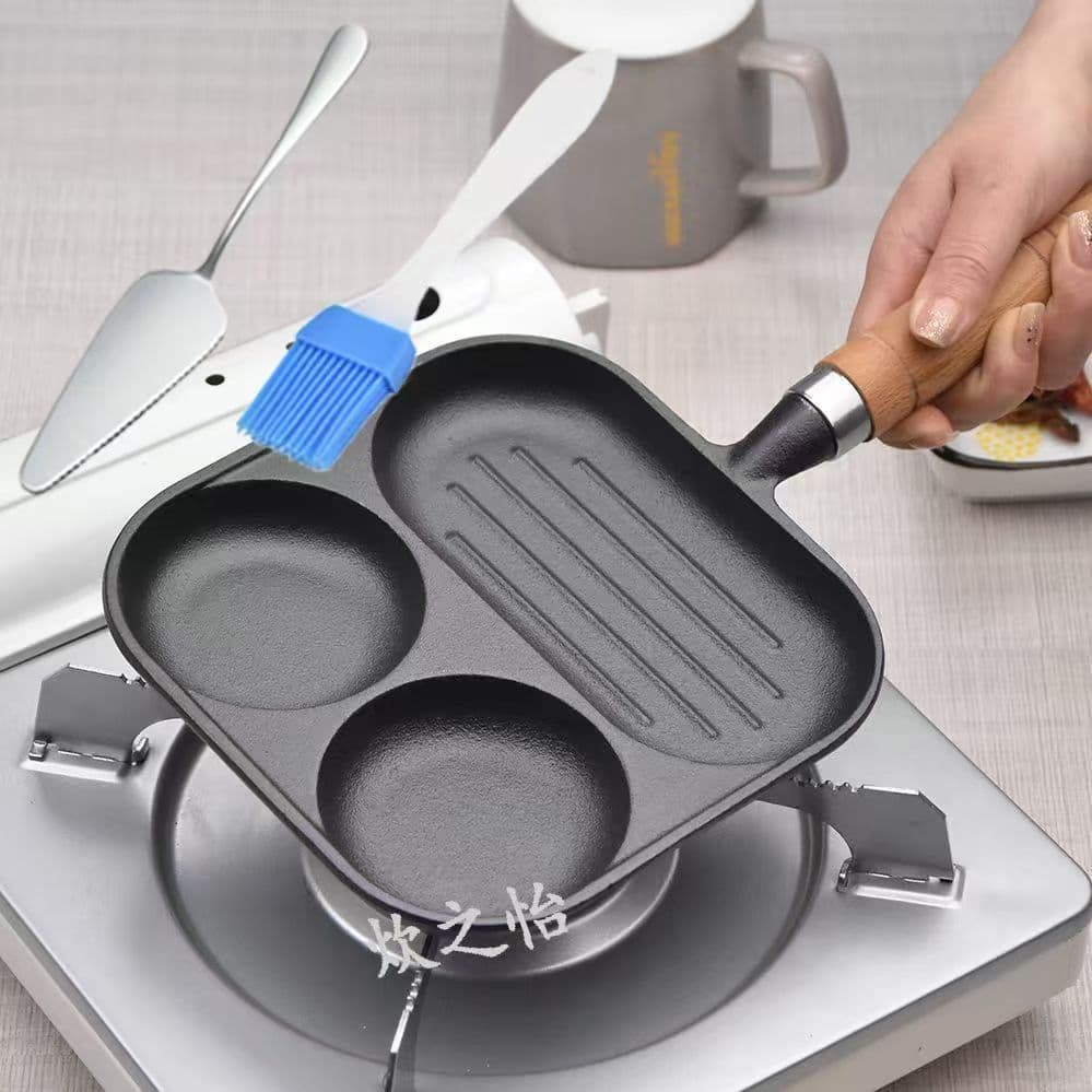 Cast Iron 3-in-1 Egg and Sausage Pan Breakfast Pan Thickened Non-Chemical Coating Frying Pan Egg Cooking Tool