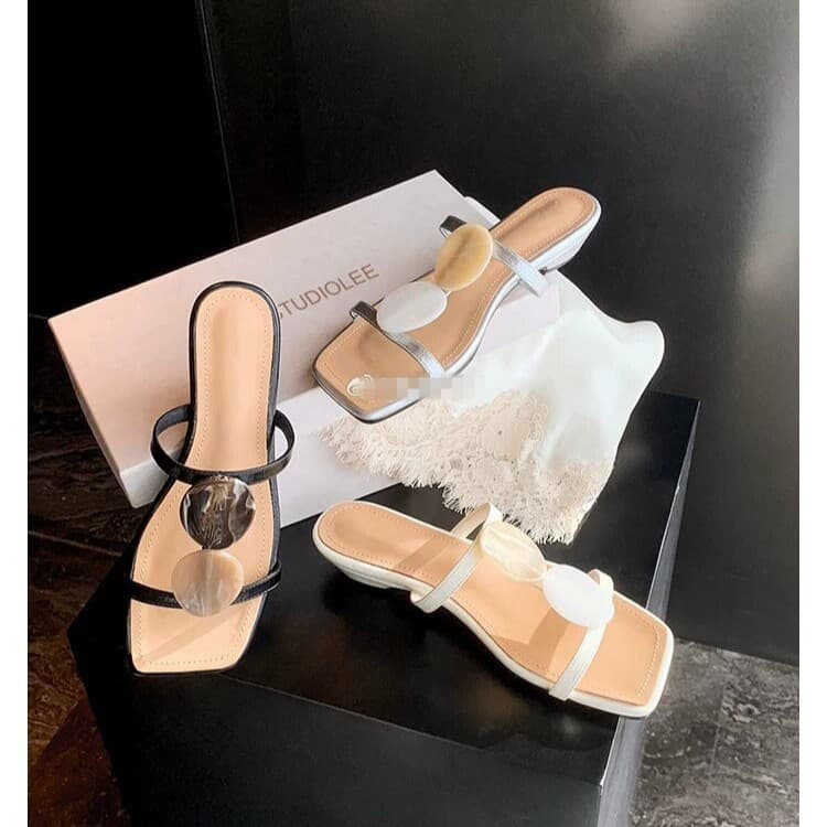 Grape Mom Same Style 3cm Block Heel Roman Style Square Toe Double One-Strap Wedge Genuine Leather Sandals Women Summer Outdoor Wear