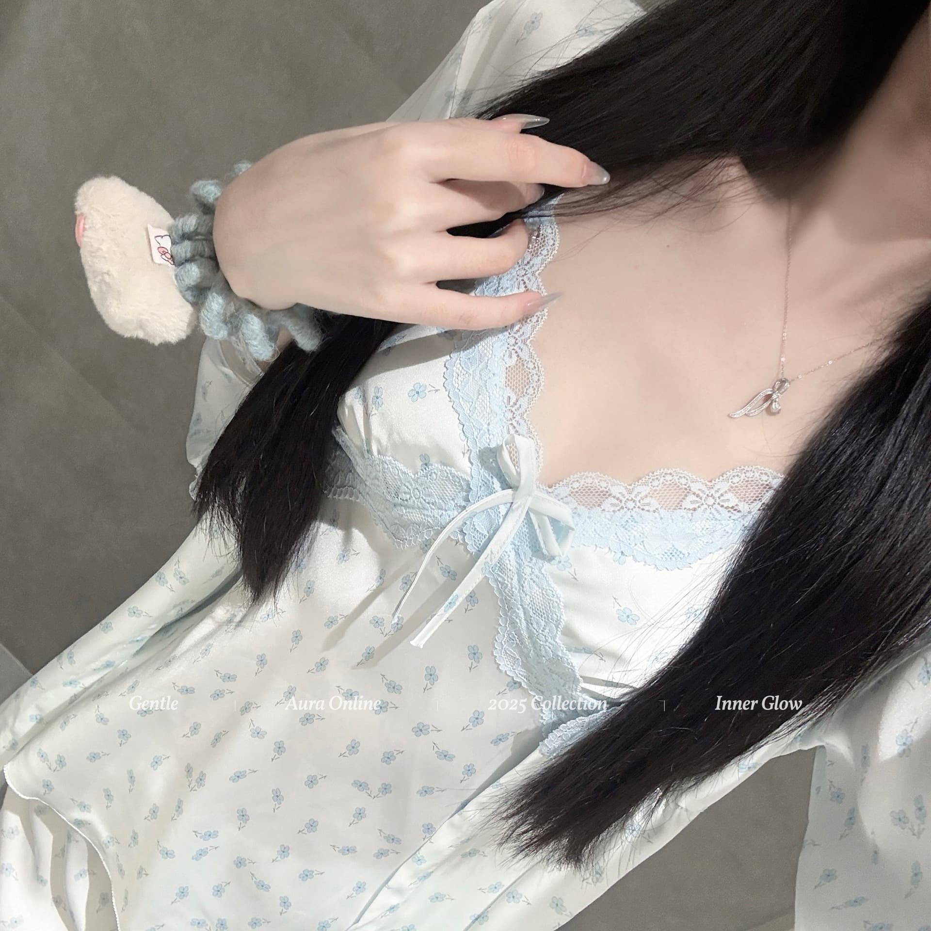 Sexy Ice Silk Blue Floral Lace Camisole Nightgown for Women, Pure Desire Style, 2025 Summer New Homewear