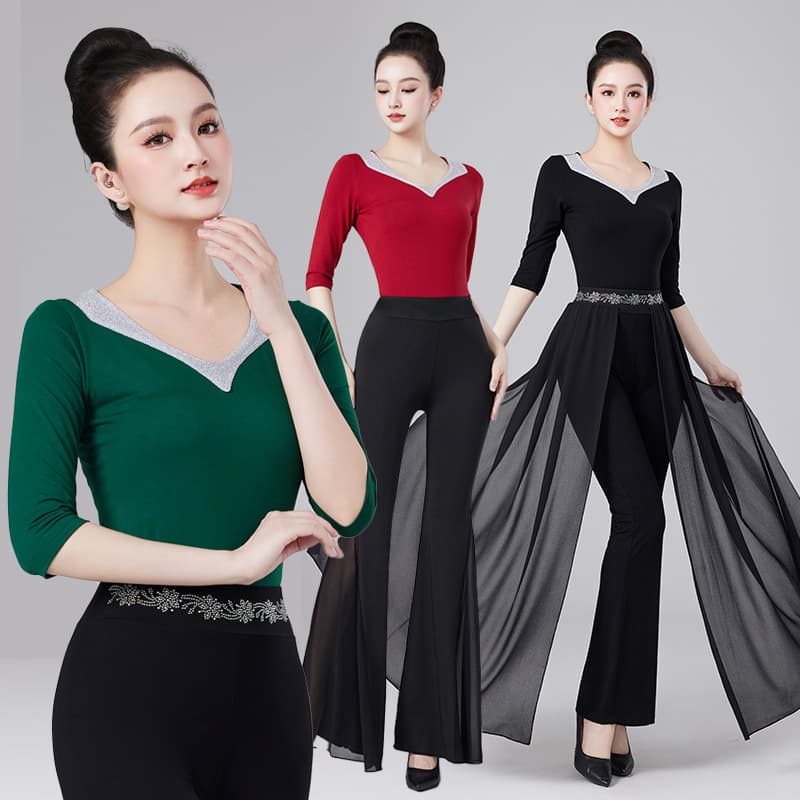 Women's Figure Training Outfit: Rhinestone Modal Model Catwalk Practice Wear Set, High-End Flared Pants for Elegant Etiquette
