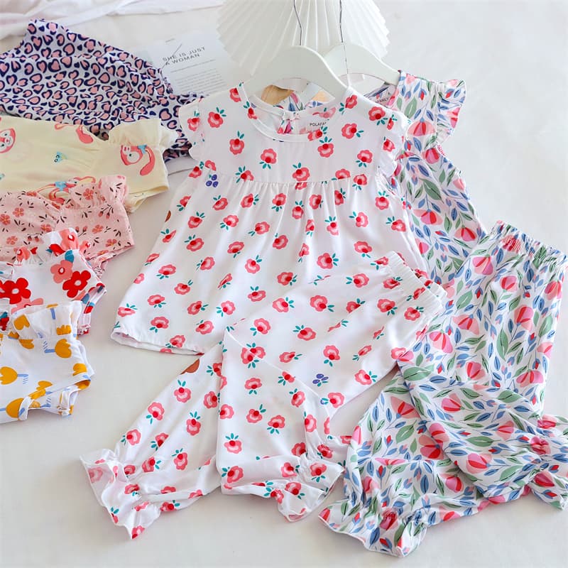 Summer Girls Rayon Blend Set Breathable Kids Homewear Thin Top Mosquito-Proof Pants Cotton Silk Set