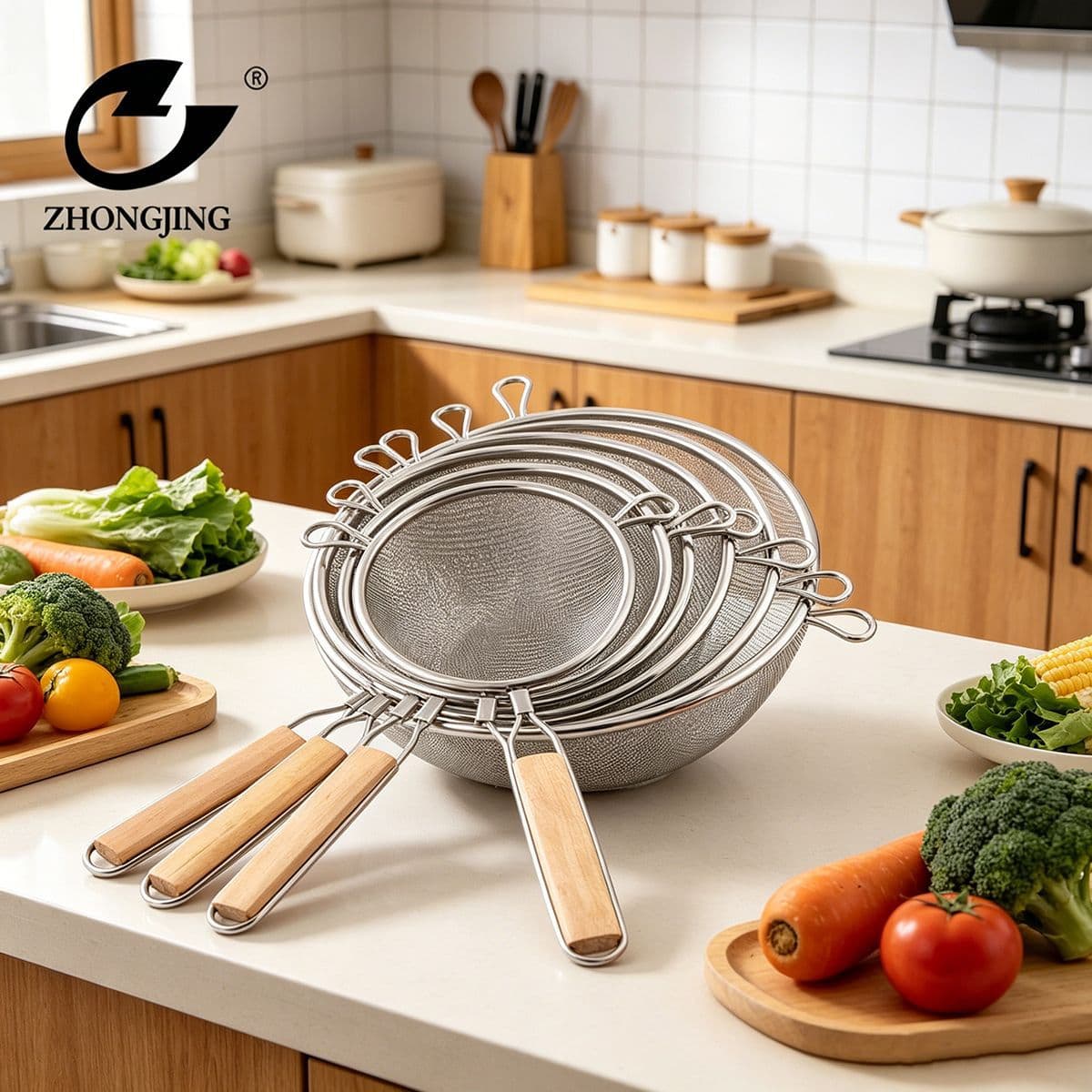 Twill soy milk filter colander, baking handheld flour sieve, double-eared round edge wooden handle stainless steel oil grate cross-border