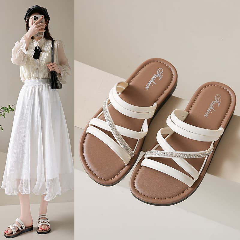 Fashion New Flat One-Strap Casual Roman Sandals for Women, Comfortable Casual Solid Color Rhinestone Roman Shoes for Beach