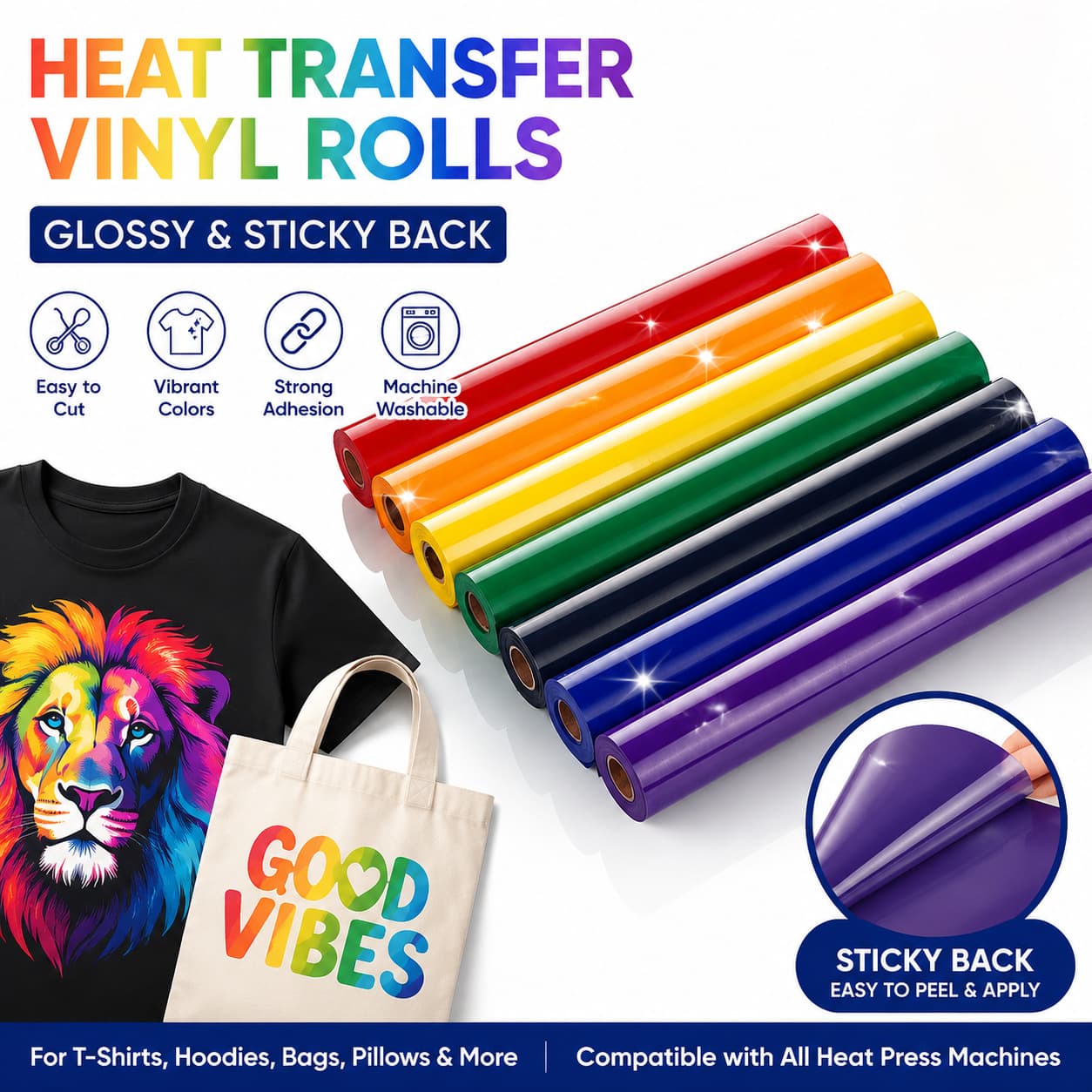 HTV Heat Transfer Vinyl Pack - 7 Packs of 12'' x 10'' Fully Cut Machine Sheet Vinyl Cross Border