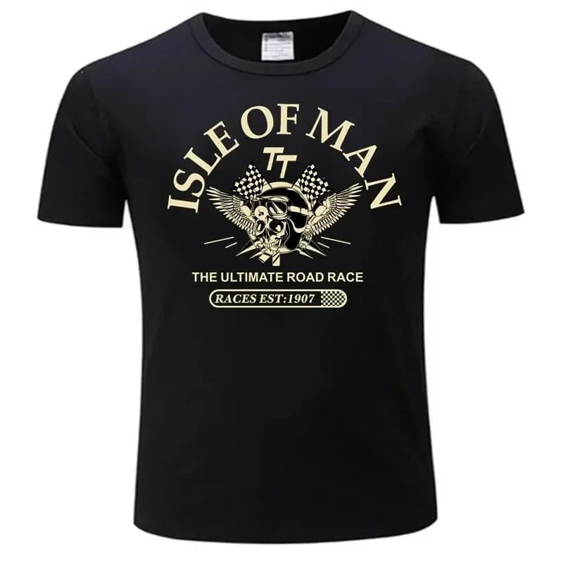 Cross-border European and American trendy cotton T-shirt for men, competition style, helmet Isle of Man ES skull 7, men's short sleeve T-shirt