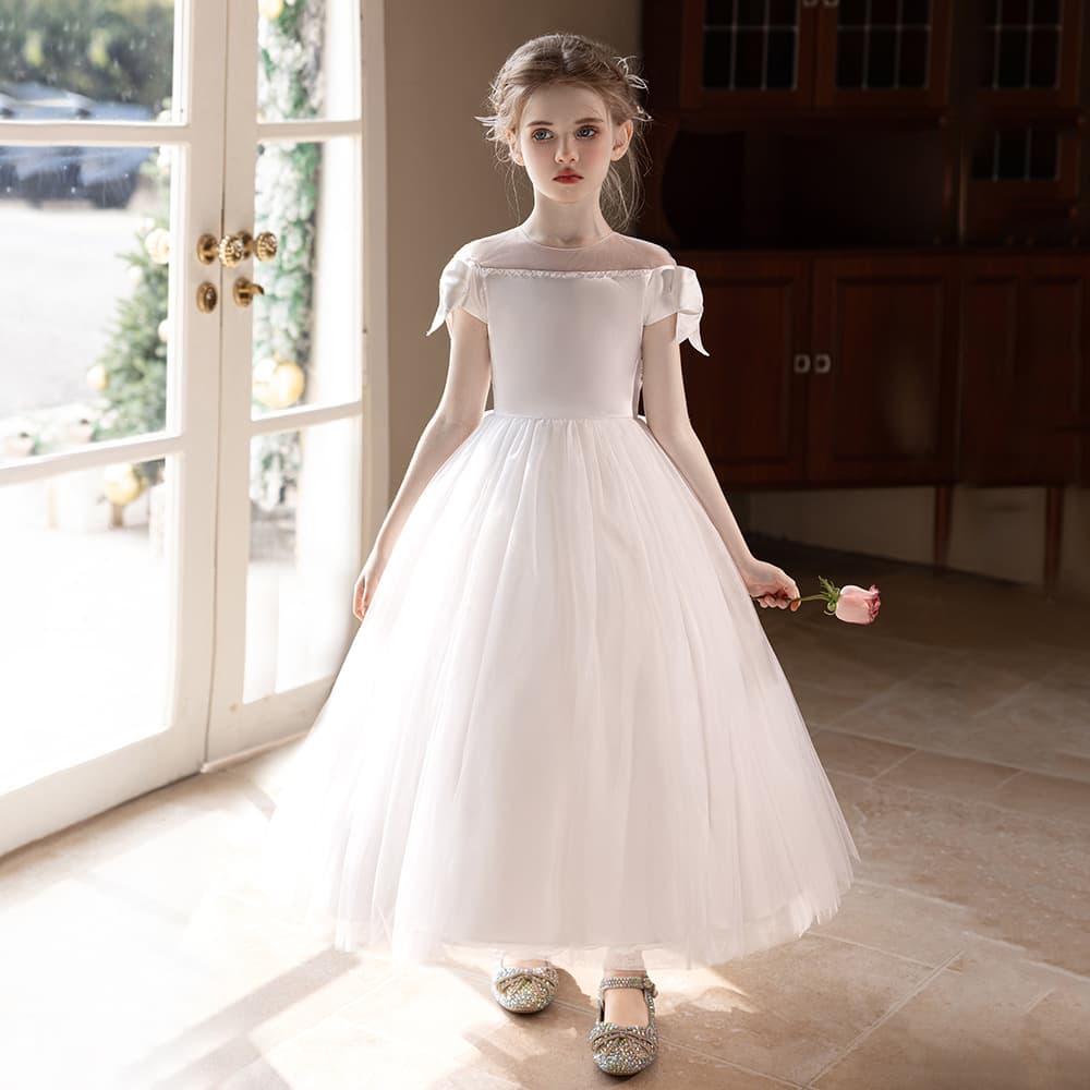 Girls Teens White Long Dress Wedding Tulle Skirt Big Bow Wedding Dress Bridesmaid Dress Evening Gown