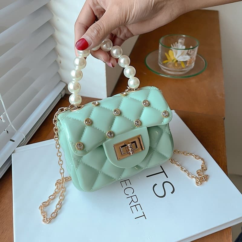 Jelly Mini Bag Women's Handbag Pearl Handle Crystal Grid Diamond Chain Small Square Bag