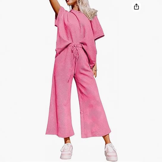 Women's 2 piece activewear casual short sleeve pullover top and drawstring wide leg pants casual set