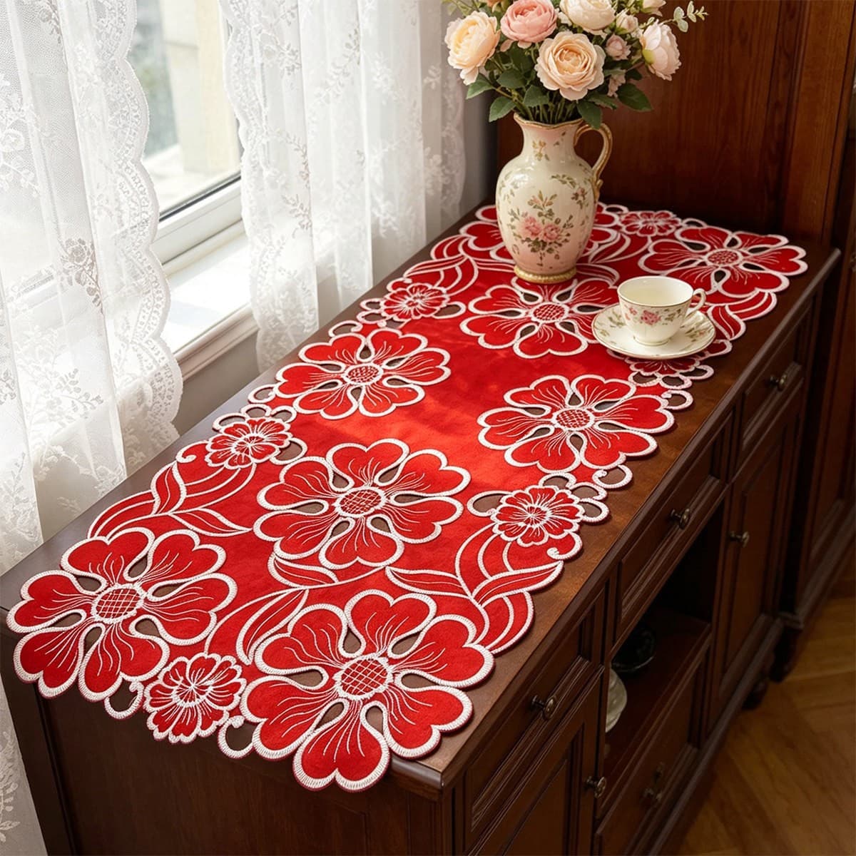 Red Festive Embroidered American Country Table Runner Table Mat Dining Table Coffee Table Side Cabinet Shoe Cabinet Tablecloth Appliance Cover
