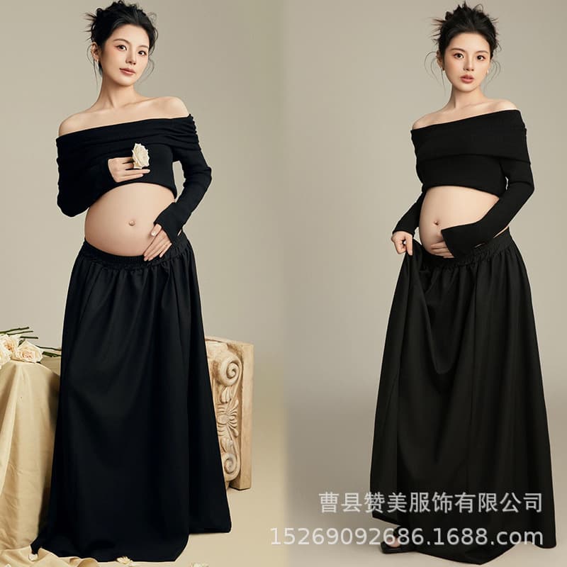New Studio Maternity Photo Dress Simple High-End Black Dress for Pregnant Women Home Photography