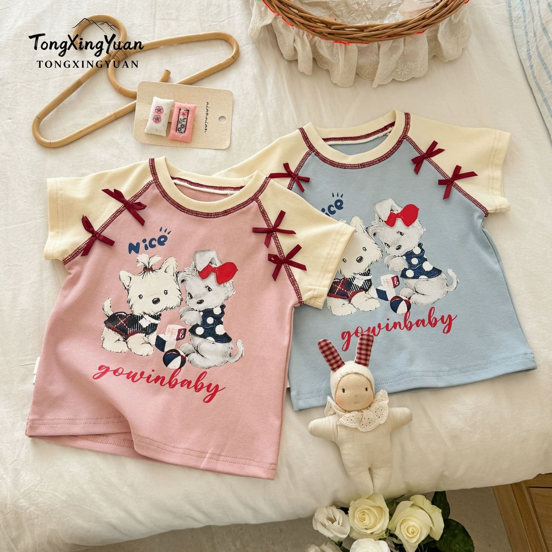 Girls Bow Short Sleeve T-Shirt Summer 2026 New Trendy Kids Cartoon Top Korean Style Casual Clothing