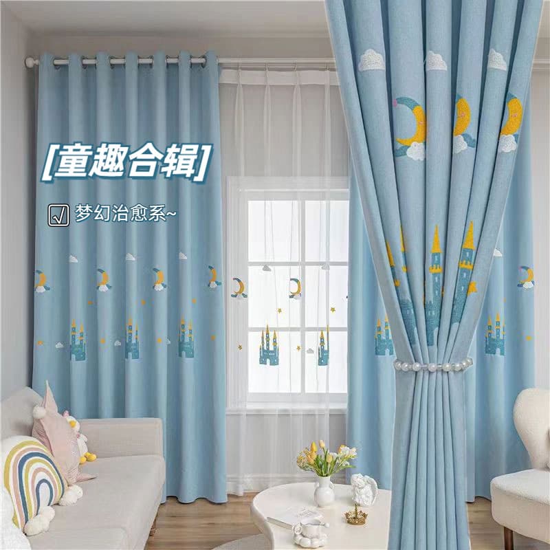 Cartoon Boy Girl Castle Rainbow Astronaut Embroidered Curtain Fabric Gauze Children's Bedroom Linen-Look Blackout Curtain Wholesale