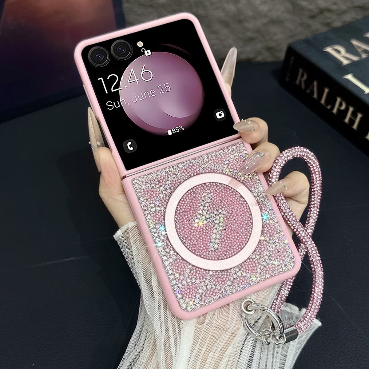 Compatible with Samsung Z Flip 8 Phone Case, Flip 7/6 Rhinestone Chain Flash Magnetic W24 Flip Foldable Protection Case