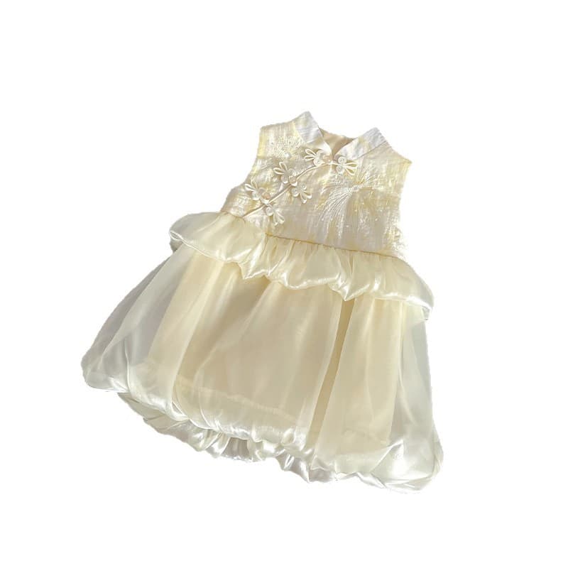 [In Stock] XQ262595 Children's Dress 2026 Summer New Chinese-style Button Cheongsam Bubble Skirt for Girls