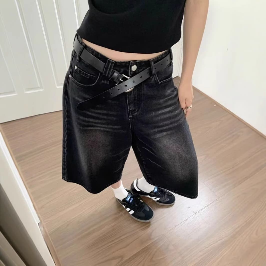 American black denim cropped pants for women, summer retro mid-pants, loose-fitting trousers, straight pants, large size shorts