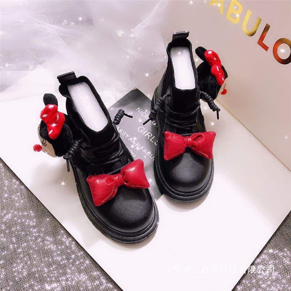 2025 Spring Girls Knitted Short Boots Mickey Minnie Round Toe Mid-Calf Martin Boots Children Casual Sock Boots Leather Boots