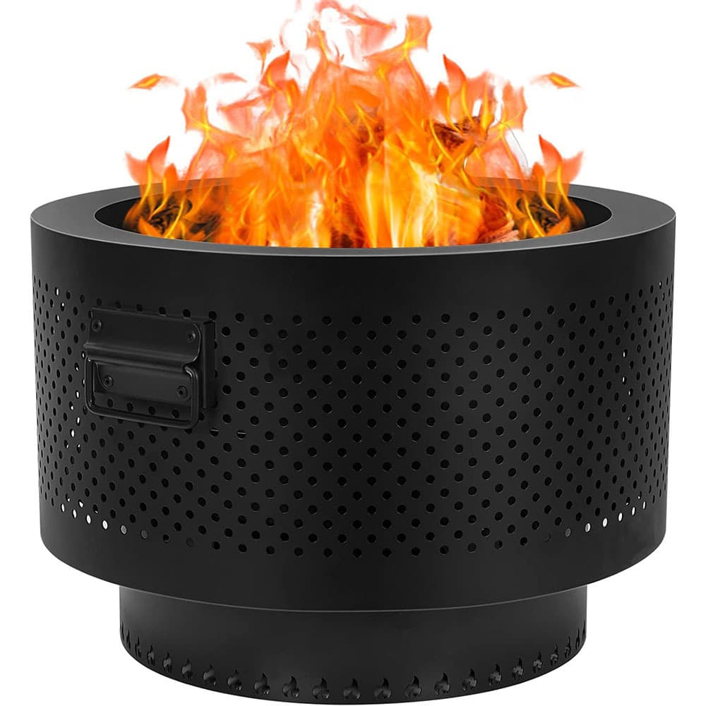 Portable black wrought iron outdoor smokeless fire pit, suitable for picnics and backyard fires.