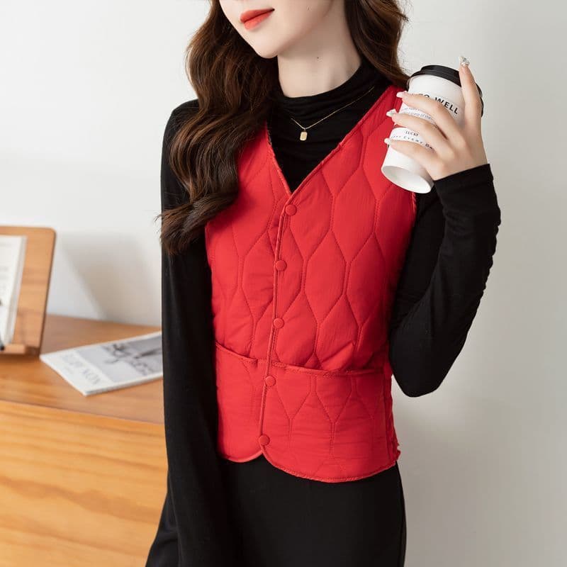 2025 Autumn/Winter Down Cotton Vest for Women, Fleece-lined Thickened Warm Short V-neck Waistcoat Slim Versatile Inner Layer Cold-proof