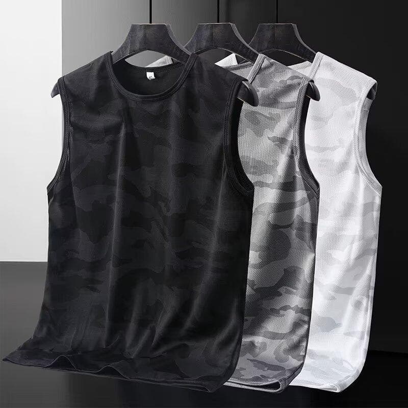 Men's Ice Silk Vest Summer Sports Fitness Undershirt Wide Shoulder Training Camouflage Sleeveless T-shirt Waistcoat Quick-Dry Trendy