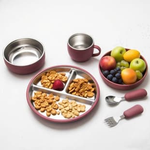 Cross-border Best-selling Stainless Steel Plate with Suction Cup Set, Kids Feeding Utensils, Non-slip Silicone Suction Cup Fork and Spoon Set