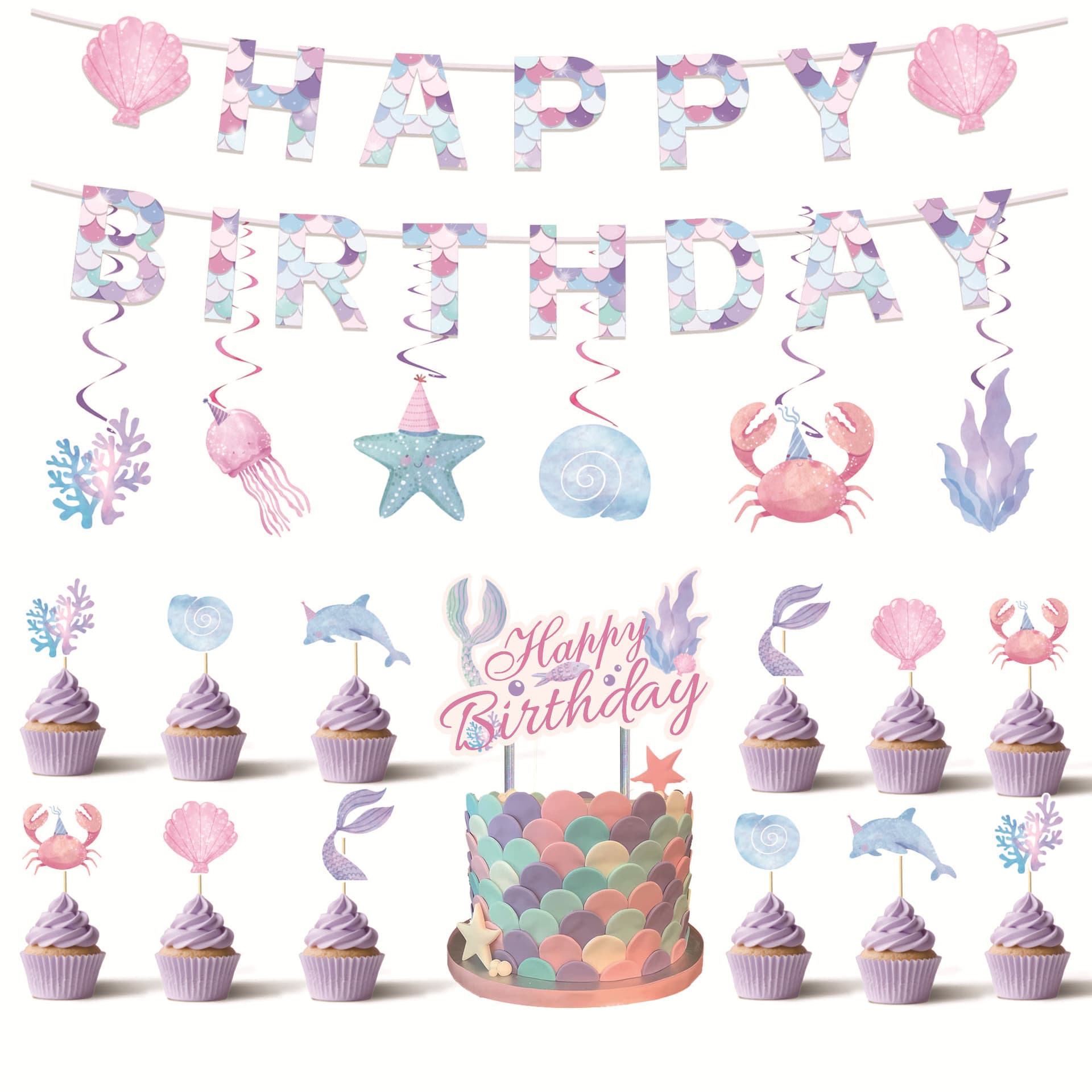 Cross-Border New Mermaid Birthday Theme Princess Party Decoration Flag Cake Topper Spiral Party Supplies