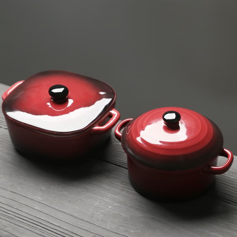 Su-style Ceramic Double-handled Roasting Bowl with Lid, Soup Bowl for Home Kitchen, Heat-proof Steamed Egg Pudding Baking Steaming Cup in Red