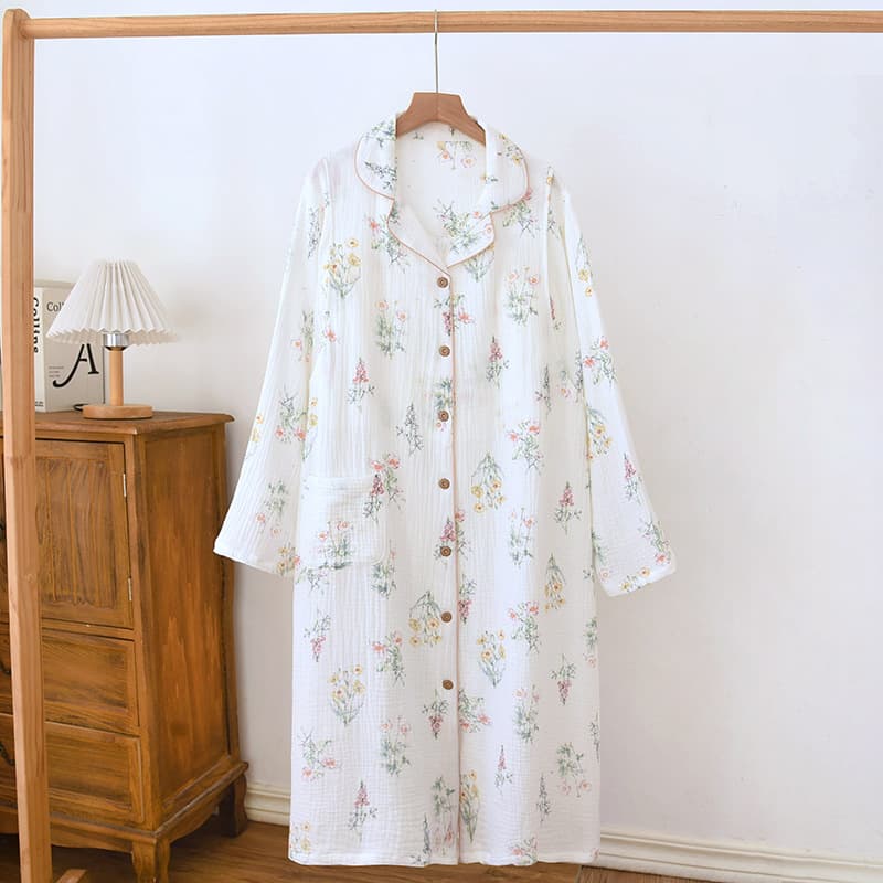 Spring and Summer Nursing Sleep Dress, Cotton Crepe, Maternity Sleep Dress with Built-in Pads, Long Sleeve, Postpartum Breastfeeding Dress