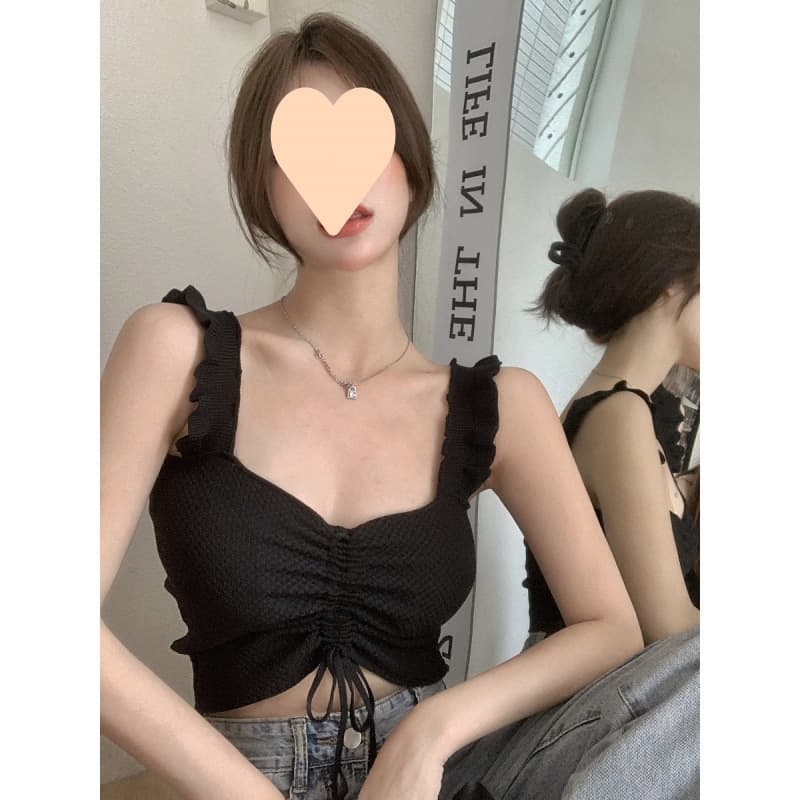 Hot girl black fungus side camisole women's inner wear summer 2025 new slim drawstring short top wear outside