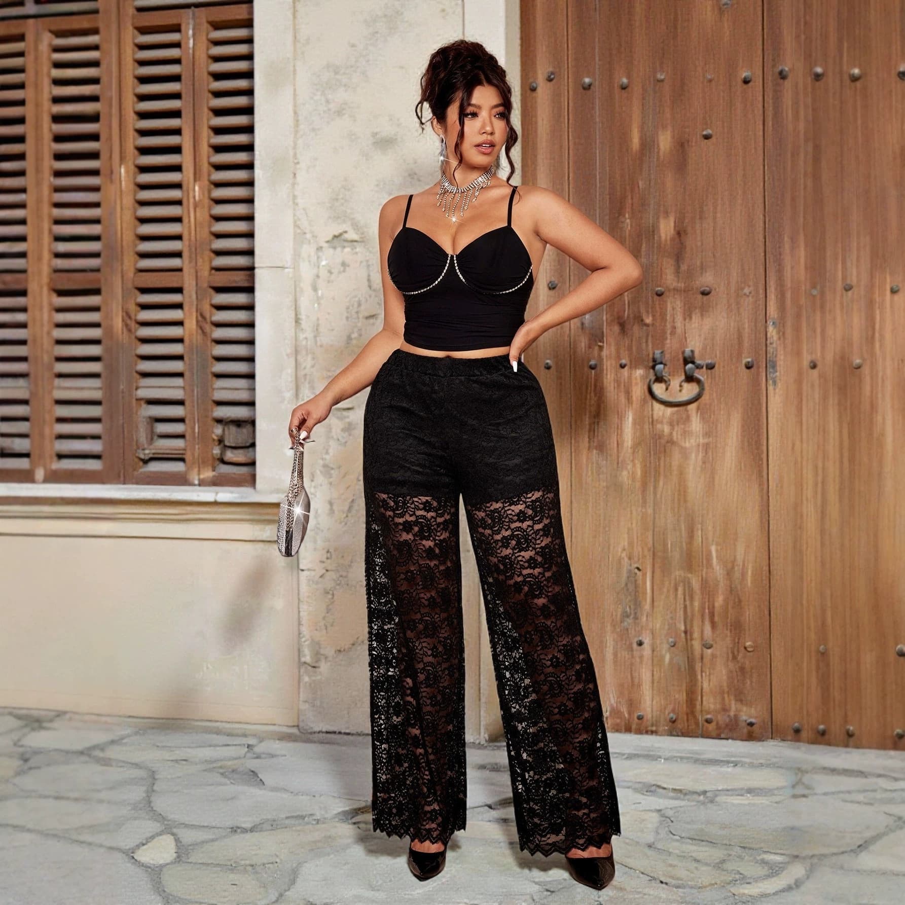 2026 Plus Size Women's Cross-Border Trade European and American Summer Sexy Lace Patchwork Long Straight Leg Pants