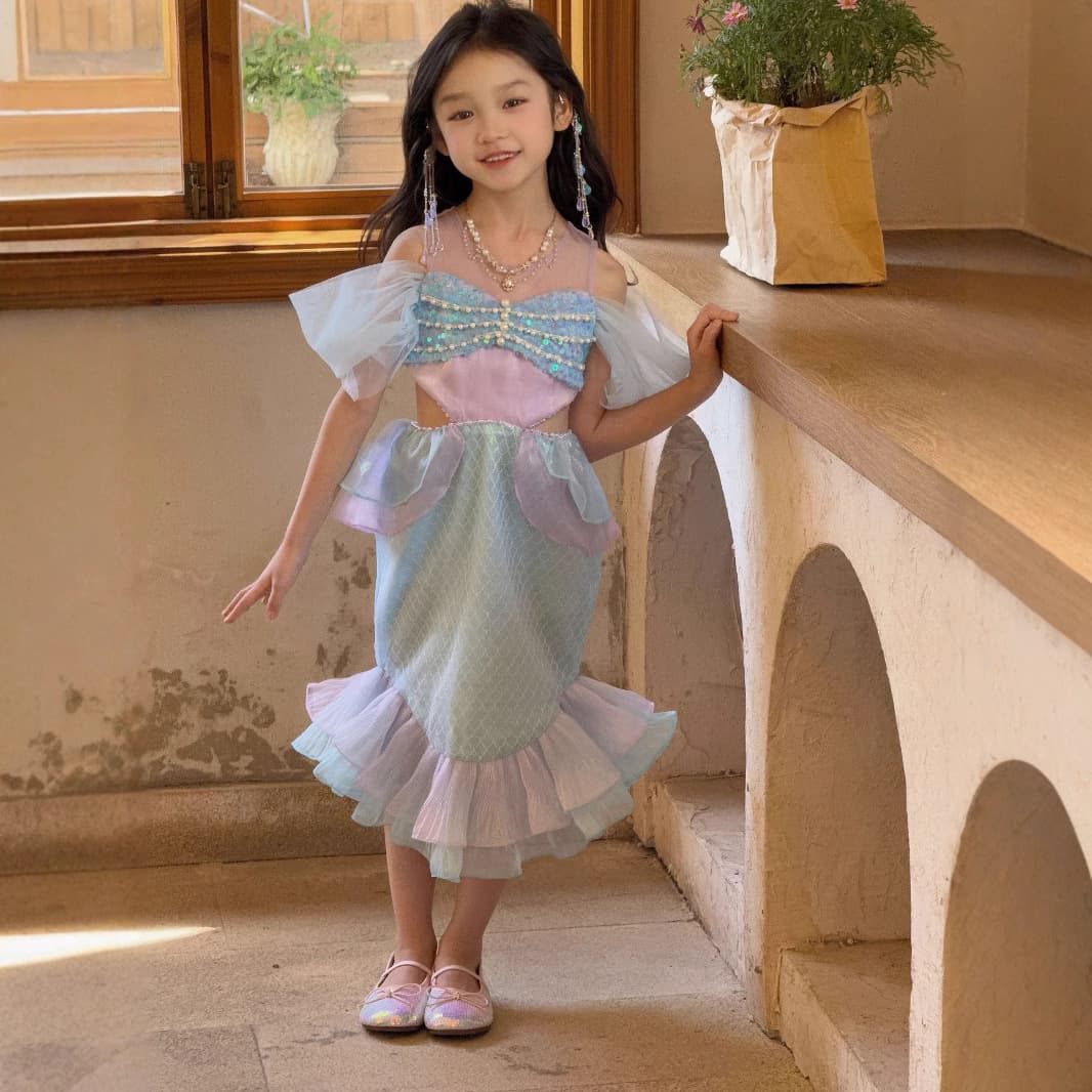 Manufacturer Girls Dress Mesh Off-Shoulder Waistless Sequin Mermaid Princess Dress Birthday Dress Fishtail Skirt