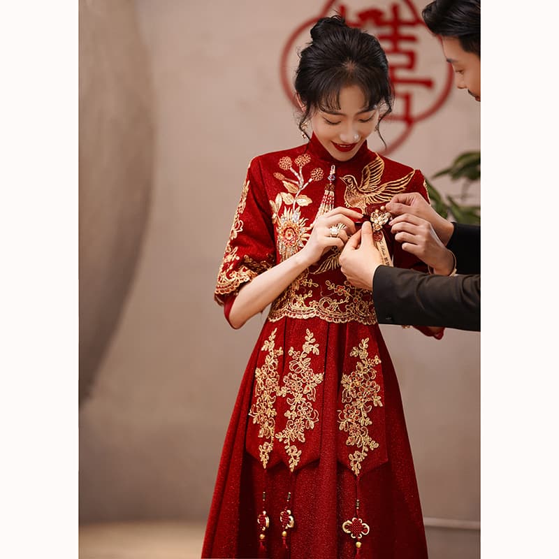 Chinese Style Cheongsam Wedding Dress Red Wine Color Bridal Costume Maternity Clothes Women's Small Size Engagement Return Home