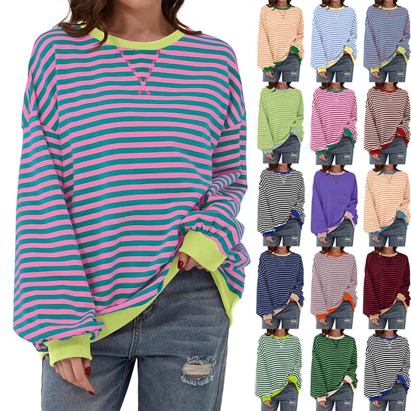 European and American Cross-border Women's Fashion 2024 Fall/Winter Amazon TIKTOK Independent Site Bestseller Loose Casual Striped Sweatshirt for Women