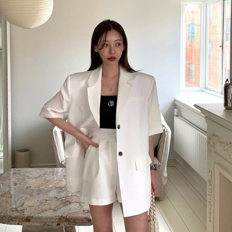 Sizes Have Been Updated Korean Chic French Retro Single-Breasted Short-Sleeve Blazer + Wide-Leg Shorts Set