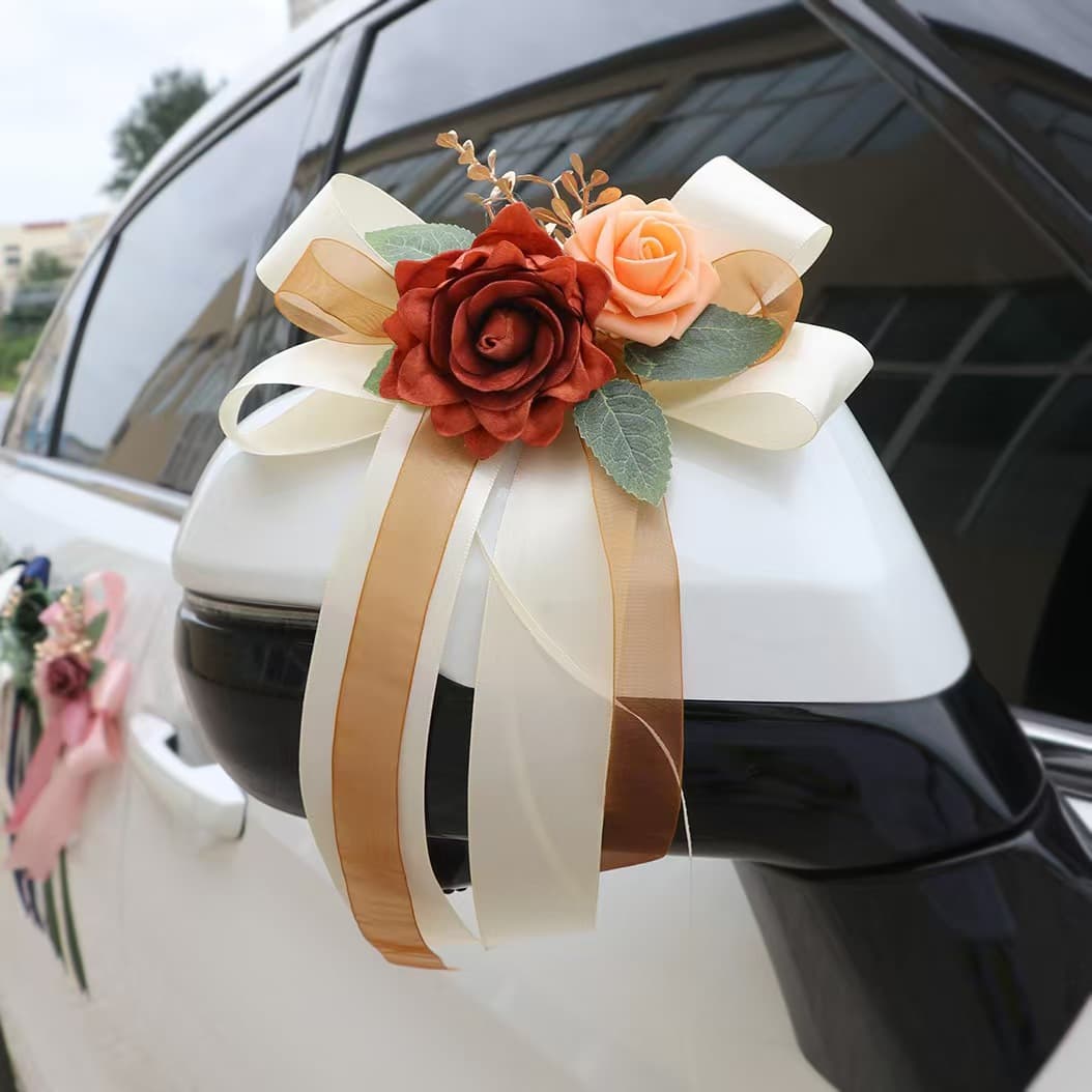 Wedding car decoration flower rearview mirror door handle bow decoration European and American retro simulation flower wedding chair back flower arrangement