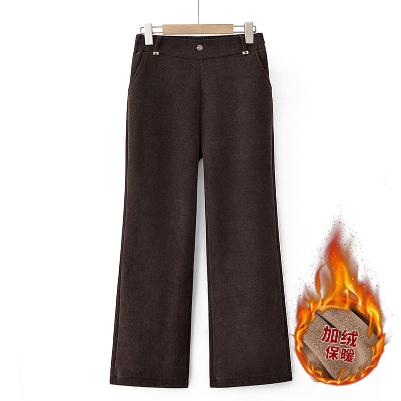 Qiaoyaying brand autumn fragrance new style flared pants for middle-aged women, fleece-lined warm elastic waist plus-size mom pants.