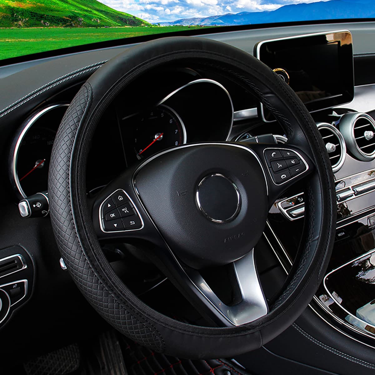 Leather 3D embossed comfortable soft car interior inner ring-less steering wheel cover, suitable for 14.5-15 inch women's