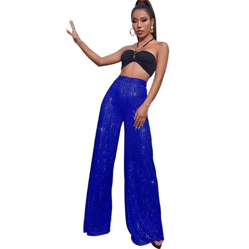 Fashionable High Waist Shiny Sequin Loose Wide Leg Casual Pants Summer Women's Trousers Elegant Drapey Comfortable Long Pants