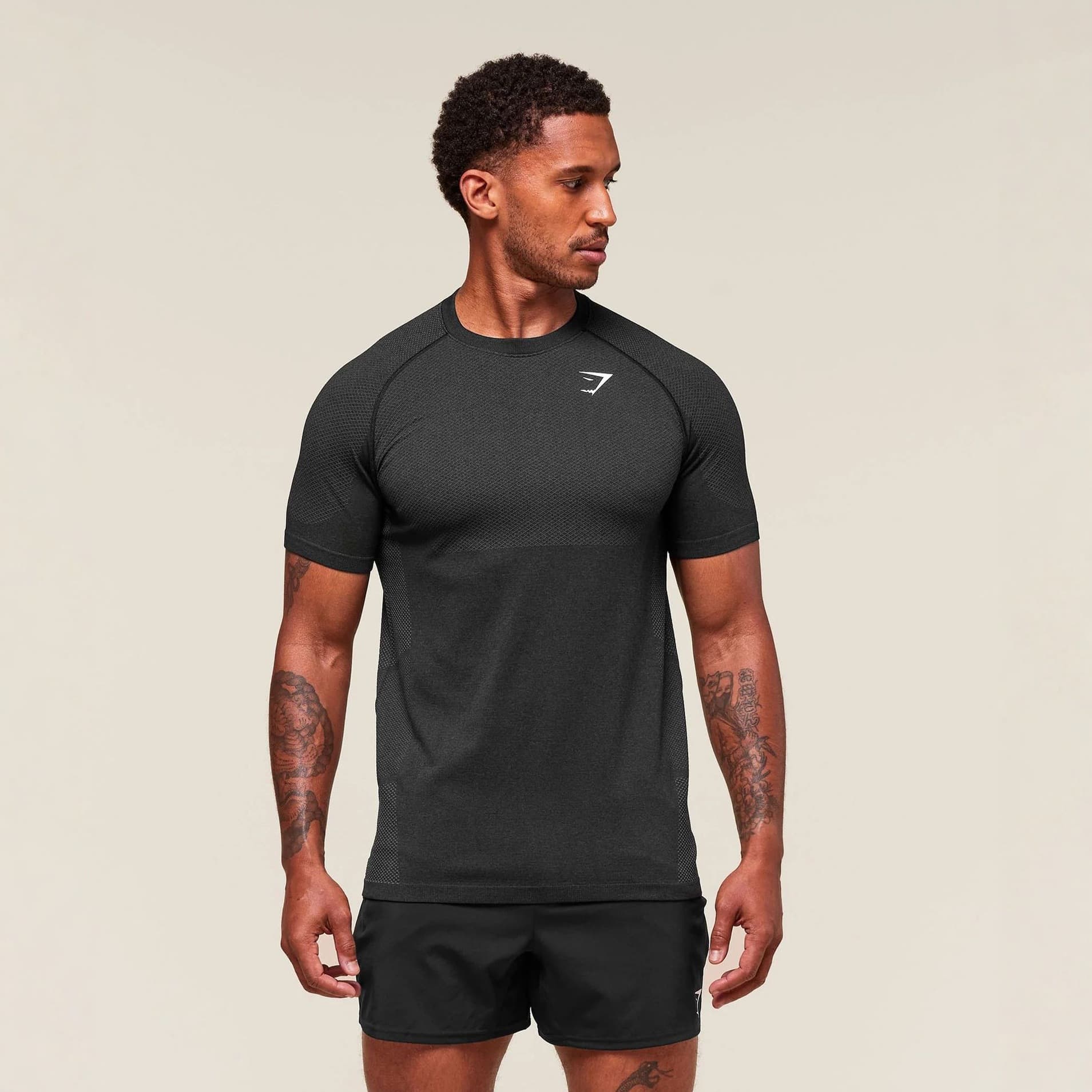 GYMSHARK Muscle Shark New Streetwear Fitness Milk Silk Print Men's Short Sleeve Tight Top