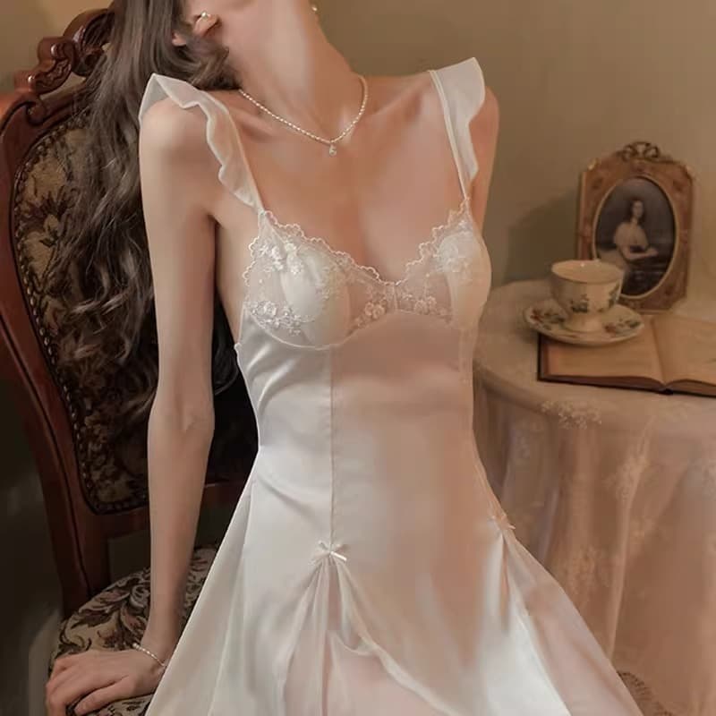 Sexy Spring Summer Ice Silk Lace Sleepwear Women's Padded Chest Sleep Dress Pure Desire Style Homewear Underwear