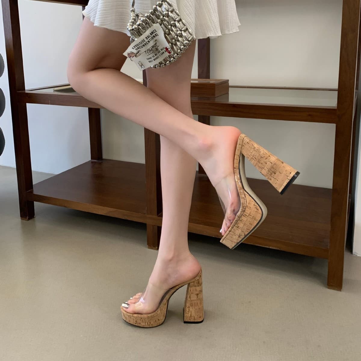 Transparent Sensual Woodgrain Waterproof Platform Chunky Heel Ultra-High Heel Women's Shoes 2026 Summer Open-Toe One-Strap Slide Sandals