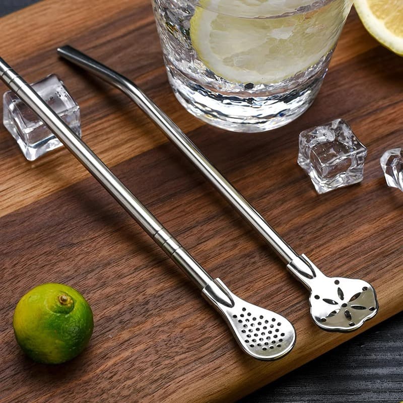 Extended straw spoon 304 stainless steel milk tea mixing and filtering all-in-one dual-use environmentally friendly coarse metal non-disposable