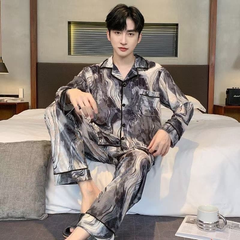 Men's Pajamas Spring Summer Thin Ice Silk Light Luxury Youth Sleepwear Home Suit Autumn Wearable Outfit Set